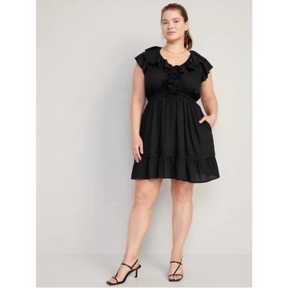 🆕 OLD NAVY Waist-Defined Ruffle-Trim  Cap Sleeve Dress w/ Pockets XXL - Picture 1 of 15